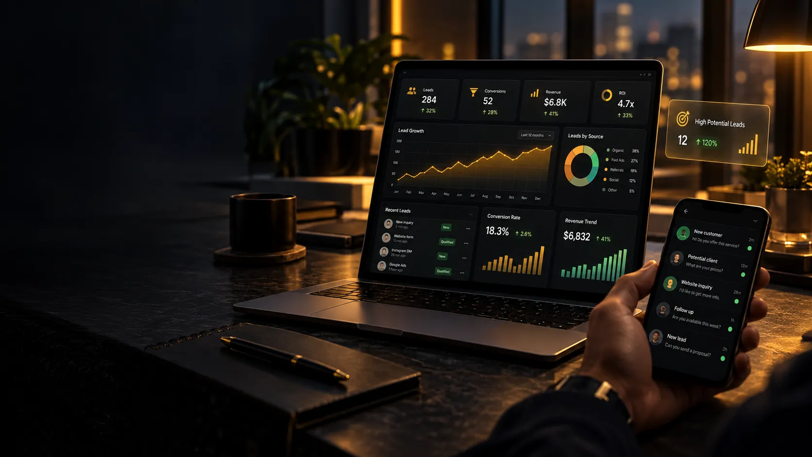 Notebook con un panel de métricas comerciales y un celular con conversaciones de clientes potenciales